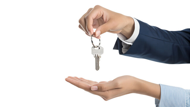 Real estate agent's hand giving house keys to a new homeowner. Isolated on transparent background, png	
