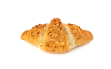 Delicious croissant with nut crumbs, sweet French bakery