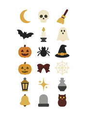 Vector icon set vertical strip of Halloween night: jack-o’-lantern, ghost, moon, bat, web, spider, lantern, skull, pumpkin, and cat.
