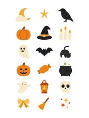 Vector Halloween icon set: pumpkin, bat, witch hat, black cat, skull, lantern, candle, spider, ghost, moon, broom, and coffin.
