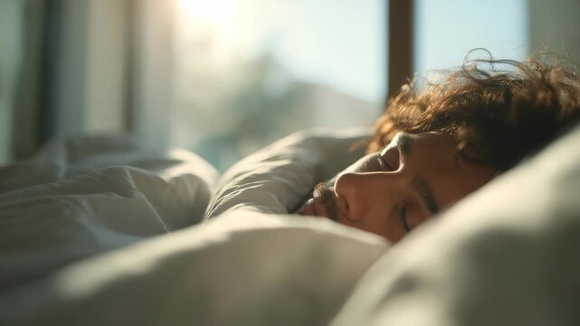 A young man peacefully sleeps in a cozy bed as soft morning sunlight gently streams through a window. The serene atmosphere highlights relaxation and restful sleep in a tranquil home setting