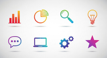 Set of colorful business icons, including chart, graph, search, lightbulb, speech bubble, laptop, gears, and star