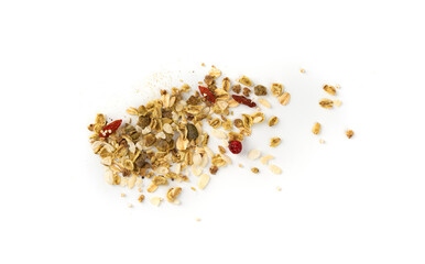 Muesli isolated. Crunchy granola with cereal mix, oat flakes, dry fruits, berries and fiber
