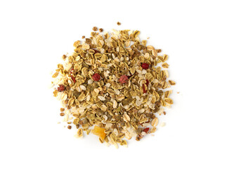 Muesli isolated. Crunchy granola with cereal mix, oat flakes, dry fruits, berries and fiber