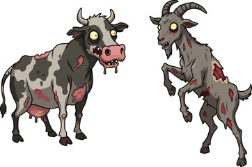 Scary zombie cow and goat illustration, creepy undead farm animals, Halloween horror concept, spooky livestock design, fantasy creature art, cartoon