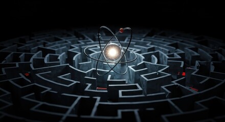 Abstract Atomic Structure Over Deep Circular Maze With Glowing Core and Red Light Accents