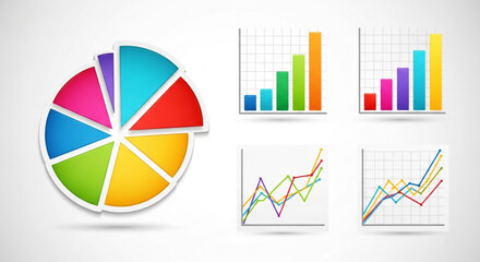 Colorful pie chart and bar graph collection, representing data visualization, business analytics, and statistical analysis for presentations