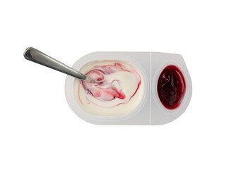 Yogurt cup isolated, white yoghurt with cherry jam in plastic pot, milk pudding container