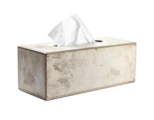 A rectangular tissue box with a single tissue partially pulled out, featuring a plain design and a textured surface.