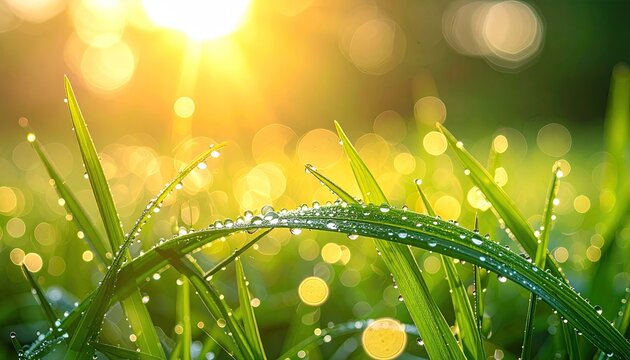 Close up macro shot of green grass with morning dew drops sparkling in the golden sunlight with bokeh background