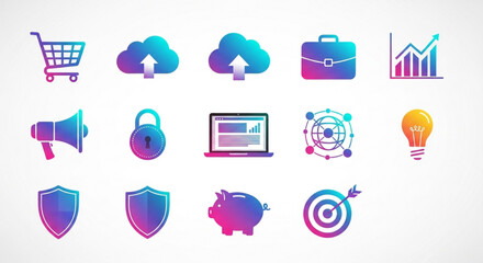 Colorful icons representing various aspects of business, finance, and technology