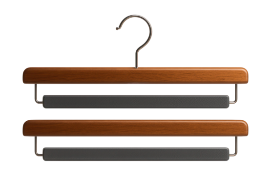 Wooden bar pant hangers with non-slip grips, perfect for walk-in closets.