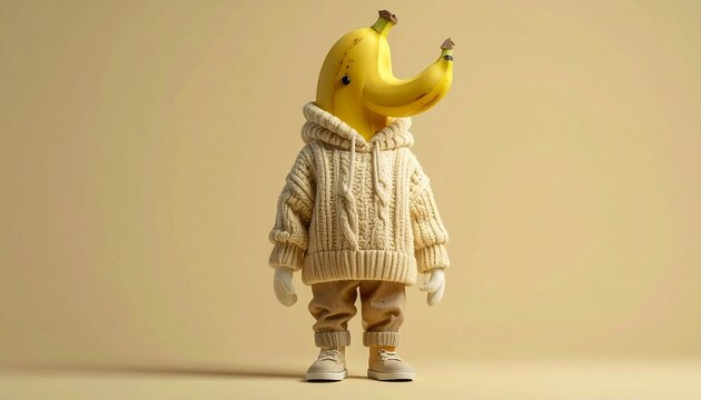 A surreal character with a banana head and smiley face, dressed in casual clothing including a pink hoodie