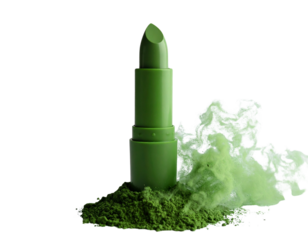 A green lipstick stands upright surrounded by green powder, showcasing a vibrant and bold cosmetic product.