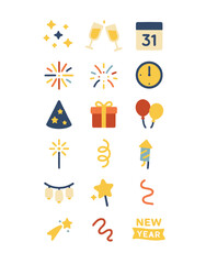 Vector icon set strip of New Year celebration: champagne, ribbon, balloon, streamer, confetti, star, party hat, sparkler, and text banner.
