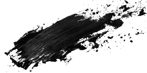 Thick black paint brush stroke with splatters isolated on white background
