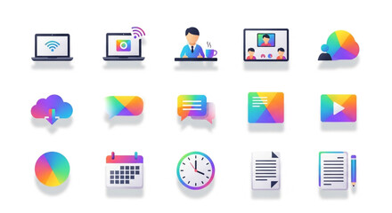 Set of colorful business and technology icons includes laptop, meeting, cloud, message, file, calendar and clock