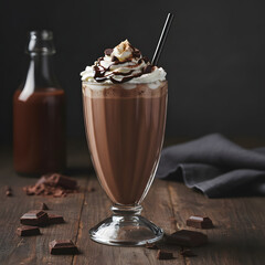 Delicious chocolate milkshake in a glass, topped with whipped cream and chocolate drizzle