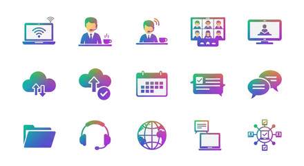 Set of colorful business and technology icons includes laptop, meeting, cloud, calendar, globe and headset