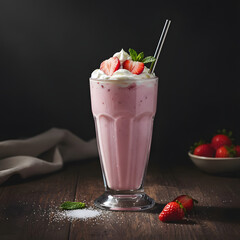Fresh strawberry milkshake in a glass, topped with whipped cream and fresh strawberries, bright and refreshing drink, natural light, sweet summer dessert concept, smooth creamy texture.
