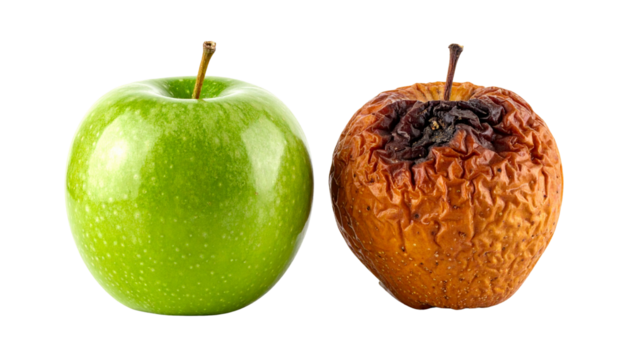 A green apple and a shriveled, brown apple side by side, showcasing contrasting freshness and decay.