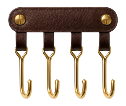 Elegant leather belt hanger with brass hooks, perfect for upscale loft storage.