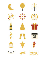 Vector icon set of New Year party elements: fireworks, champagne bottle, wine glasses, gift box, ribbon, calendar 31, and star.
