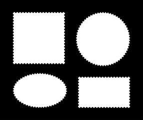 Postage stamp white frame. Blank circle, rectangular, square vintage stamps. Tags, boxes, sticker, labels, coupons, mail, curvy, wiggly, wavy perforated edges. Backgrounds for postcards, letters.