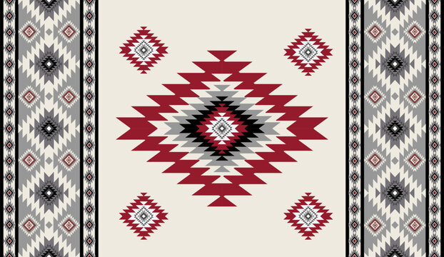 Seamless geometric ethnic pattern inspired by Native American tribal fabric. Traditional Aztec and Navajo style carpet and tile vector design on navy blue background. Perfect for textile, wrapping,