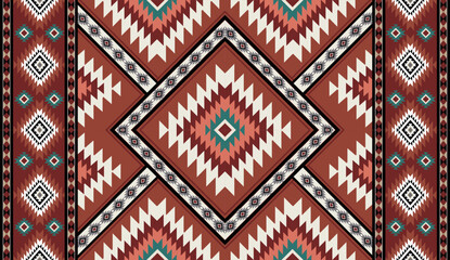 Seamless geometric ethnic pattern inspired by Native American tribal fabric. Traditional Aztec and Navajo style carpet and tile vector design on navy  background. Perfect for textile, wrapping,