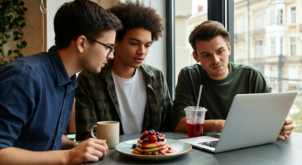 Group of three young men engaged in discussion over laptop while enjoying pancakes and drinks at a cozy cafe, showcasing friendship and collaboration in a relaxed atmosphere