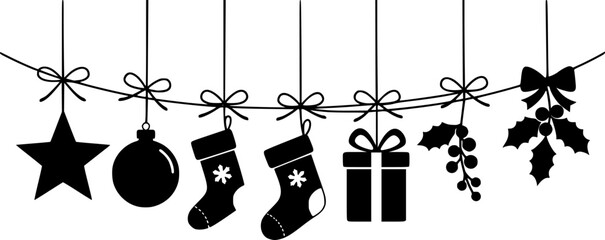 Black and white christmas themed vector image with candy canes stockings and christmas tree decorations | editable eps vectors silhouette
