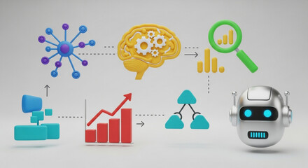 A 3d illustration of data analysis process, featuring a robot, brain, and charts, symbolizing aidriven insights