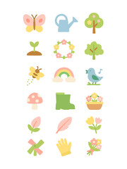 Vector pastel spring garden icon set featuring flowers, boots, bunny, mushrooms, rainbow, watering can, and plants in a soft seasonal palette.
