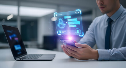 Business Person Using Smartphone with Ai Chat Interface