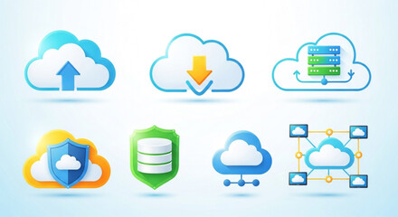 Cloud computing and data storage concept with upload, download, server, shield, network, and connection