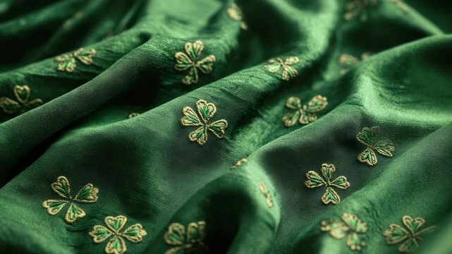 A green fabric with a pattern of four-leaf clovers. The fabric is embroidered with gold and green