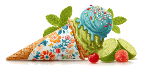 Colorful ice cream cone with matcha and blue scoops, decorated with sprinkles, surrounded by fresh lime, strawberry, cherry, and mint leaves, evokes refreshing summer vibe