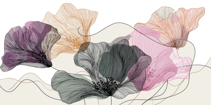 Elegant and romantic illustration of flowers in movement, featuring delicate lines and soft colors like pink, purple, and orange, creating graceful composition