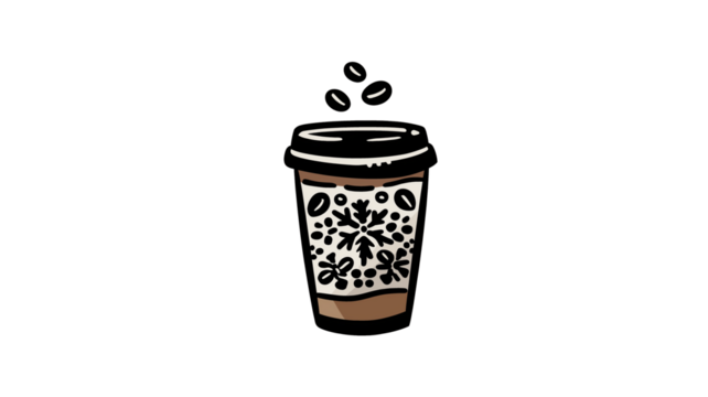 Simple coffee cup with snowflake pattern and coffee beans on lid, featuring flat naive vector style