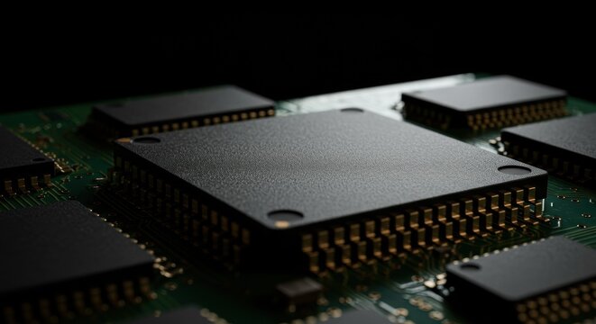 Close up of dark computer microchips on green circuit board with gold pins and black background detailed macro photography