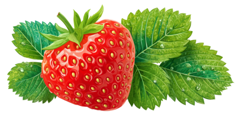 Plump and rounded strawberry in cute kawaii style is surrounded by vibrant green leaves, creating fresh and cheerful image