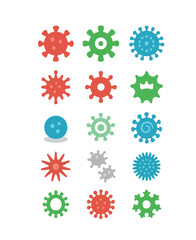 Flat colorful icon set of virus, bacteria, and microorganism shapes in red, green, and blue.
