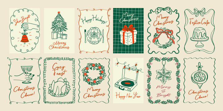 Set of hand drawn whimsical red and green Merry Christmas and Happy New Year greeting cards, posters, backgrounds. Retro vintage doodle illustrations with wreath, bows, candle, gifts, and martini glas
