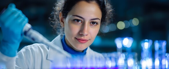 The scientist carefully pipetting in a sleek lab full of glassware and tools