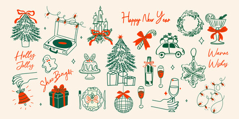 Hand drawn chalk Christmas doodle set. Retro vintage New Year party elements -Christmas tree, gifts, stars, wreath, champagne, candle, cake, bows, and holiday toys. Vector illustration festive cards  