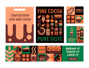 Set of modern geometric banners and packaging templates for chocolate advertising