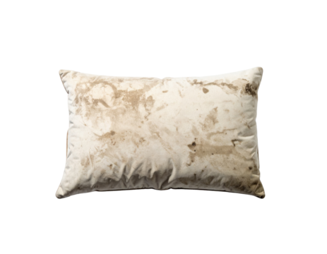 A worn and stained pillow with a textured surface, showcasing signs of age and use.