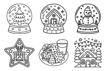 Winter Holiday Line Art Collection Christmas Tree Gingerbread House Snowman Snow Globe with Cookies Milk and Star Shaped Fireplace Line Art Set, Christmas Coloring Page
