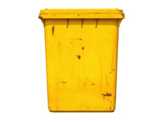 A bright yellow trash bin with visible wear and tear, showcasing its functional design and color.